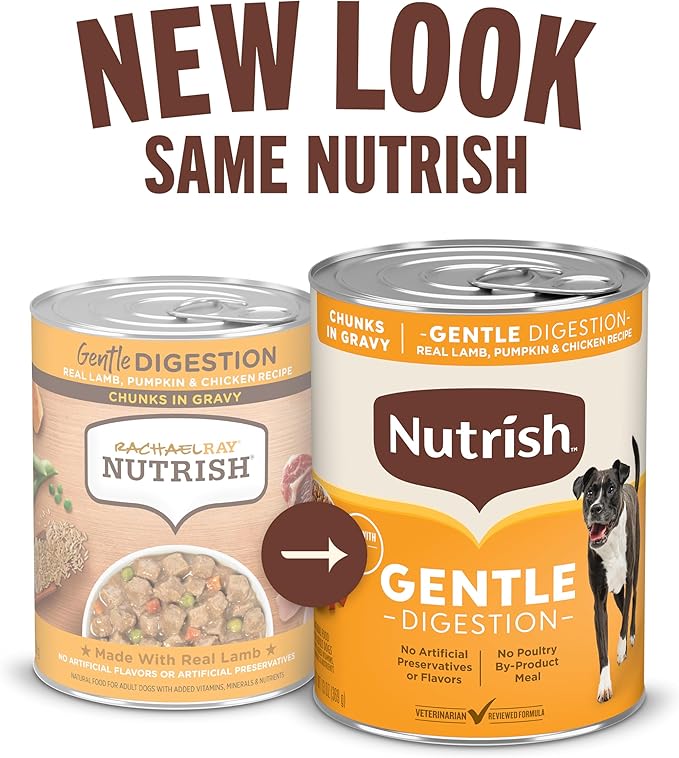 Nutrish Gentle Digestion Real Lamb, Pumpkin & Chicken Recipe Chunks in Gravy Wet Dog Food, 13 oz. Can, 12 Count (Rachael Ray)