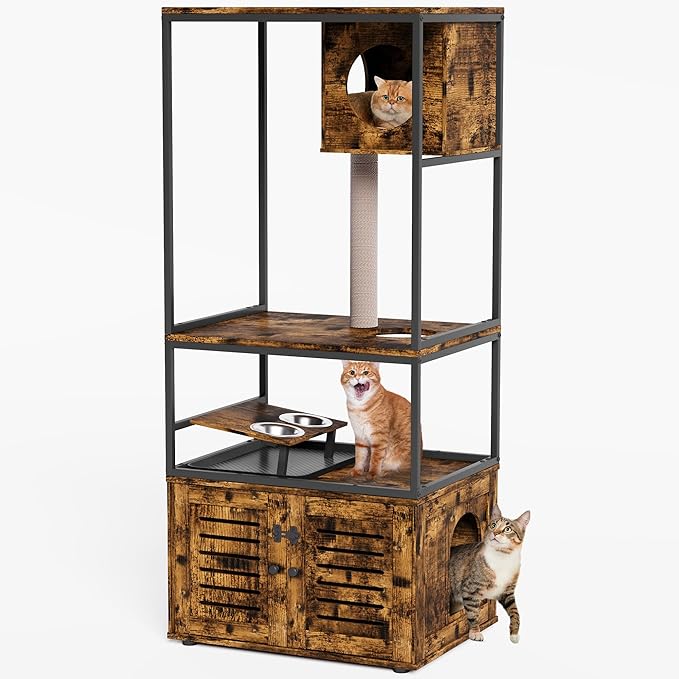 Lamerge Cat Tree with Litter Box Enclosure, All-in-1 Large Cat Litter Box Enclosure, Cat Condo with Scratching Posts and Cat Feeding Bowl, Rustic Brown