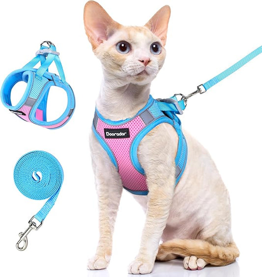 Dooradar Cat Harness and Leash Set, Escape Proof Lightweight Kitten Harness, Soft Breathable Reflective Vest for Outdoor Walking Traveling, Adjustable for Small Cats, Pink & Blue, S