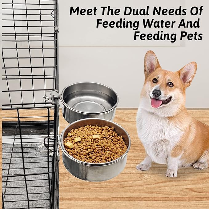 Hamiledyi 2 Pcs Dog Crate Bowl Stainless Steel Puppy Bowls Sturdy Spill-Proof Pet Water Bowl Hanging Water/Food Metal Bowls for Puppy Medium-Sized Dogs Cats (6.3''x2.3'')