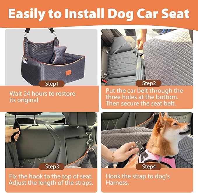 Dog Car Seat for Medium Dogs or 2 Small Dogs, Memory Foam Booster with Bonus Pillow & Removable Washable Cover, 2 Safety Leashes, Anti-Slip Base - Supports 50lbs (Grey)