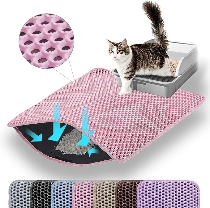 Cat Litter Mat, 24x18 Inches Large Double Layer Honeycomb Cat Litter Trapping Mat, Non Slip Waterproof Urine Proof Cat Litter Box Mat for Floor, Kitty Litter Rug, Cat Supplies, Pink