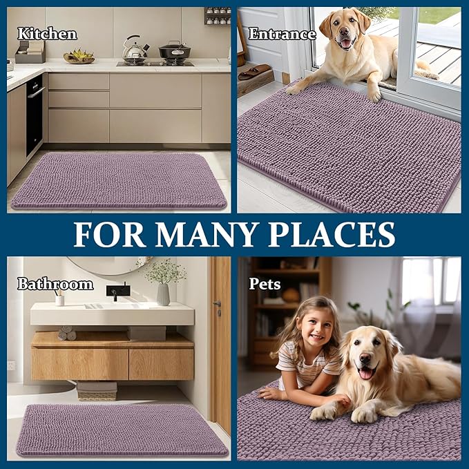 OLANLY Dog Door Mat for Muddy Paws 59x20, Absorbs Moisture and Dirt, Absorbent Non-Slip Washable Doormat, Quick Dry Chenille Mud Mat for Dogs, Entry Indoor Entryway Carpet for Inside Floor, Deep Plum