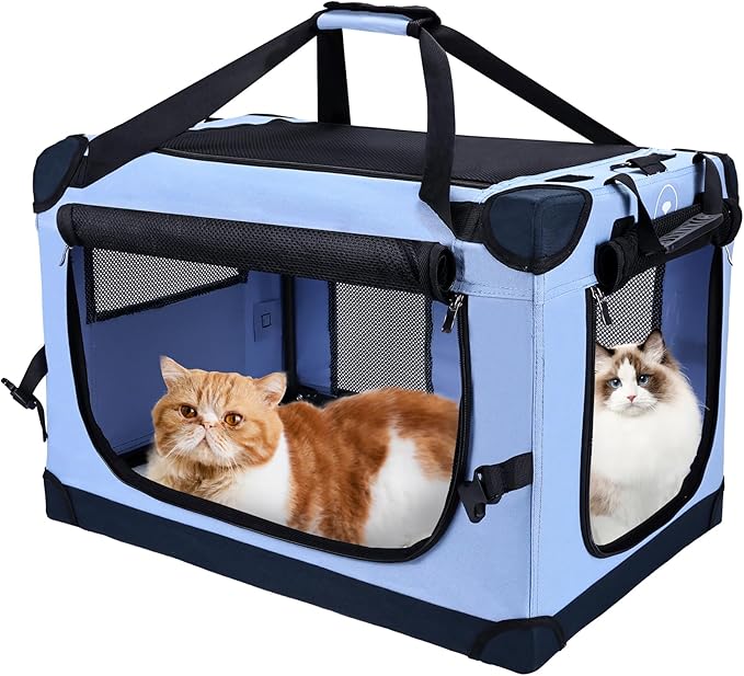 Large Cat Carrier for Car Travel, Pegic Soft Sided Collapsible Pet Carrier for Outdoor and Indoor Uses, Roomy Extra Large Cat Carrier for 2 Kittens, Large Cat or Puppies Up to 50lbs (Blue)