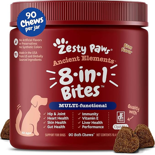 Zesty Paws Dog Multivitamin, Chewable Dog Vitamins and Supplements for Hip & Joints, Skin & Coat, Omega 3 Fish Oil for Dogs- Senior & Puppy Multivitamin - Bison- 90ct