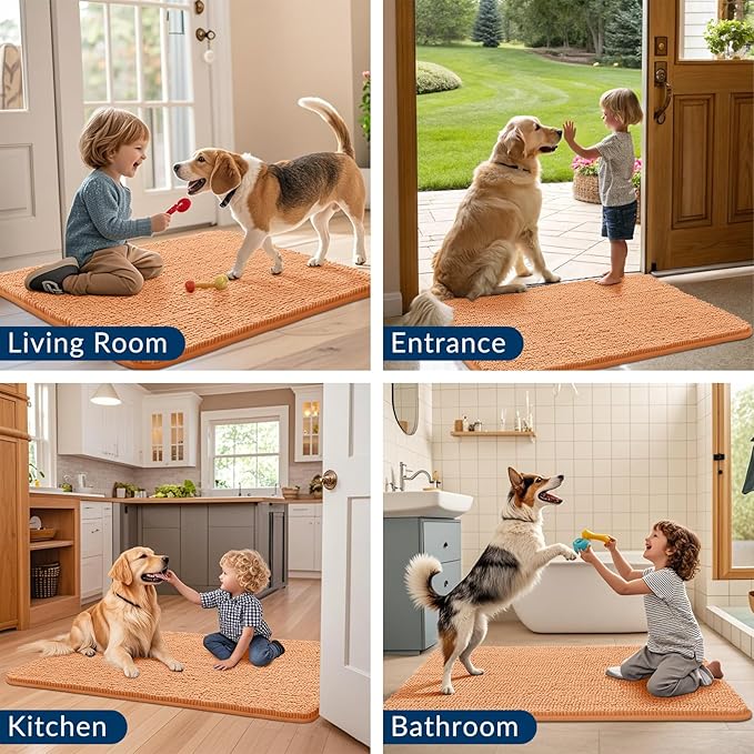 Smiry Dog Door Mat for Muddy Paws 30x20, Absorbs Moisture and Dirt Doormat, Non-Slip Washable Quick Dry Chenille Front Door Mat Indoor Entrance, Entryway Carpet for Inside Floor, Orange