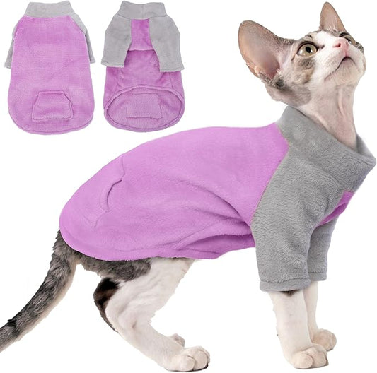 PUMYPOREITY Turtleneck Sweater for Sphynx Cat, Soft Coral Fleece Cat Clothes, Thick Winter Warm Outfit Coat with Sleeves, M, Purple