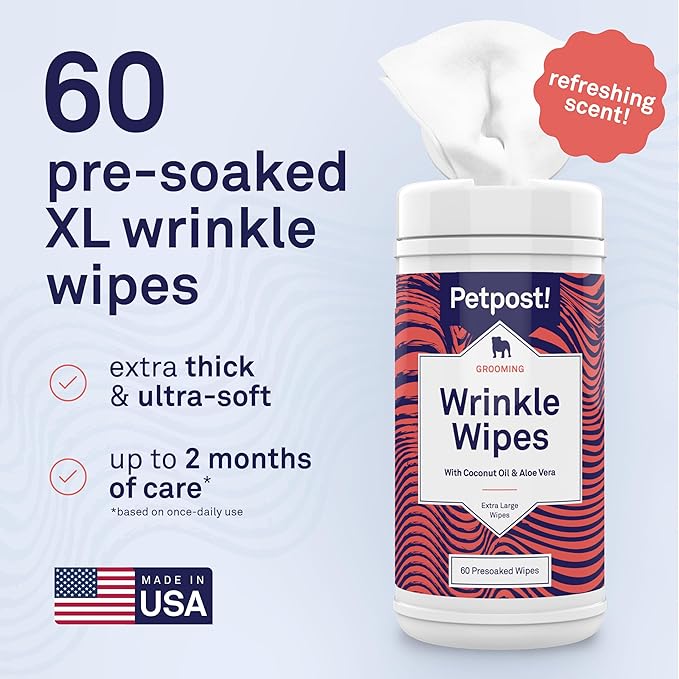 Petpost Large Wrinkle Wipes for Dogs | 60 Count 5x7 Dog Face & Wrinkle Cleaner | Gentle Pet Wipes with Coconut Oil & Aloe for Bulldogs, Pugs & Wrinkly Breeds | Dog Cleaning Wipes