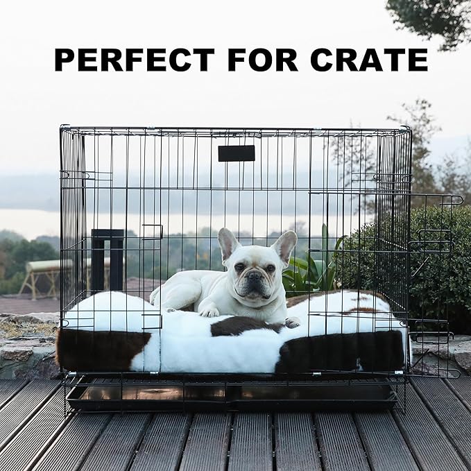 Bedfolks Waterproof Crate Bed, Plush Dog Kennel Pad with Removable Washable Cover, Faux Fur, Fluffy 35"x23", Cow Print