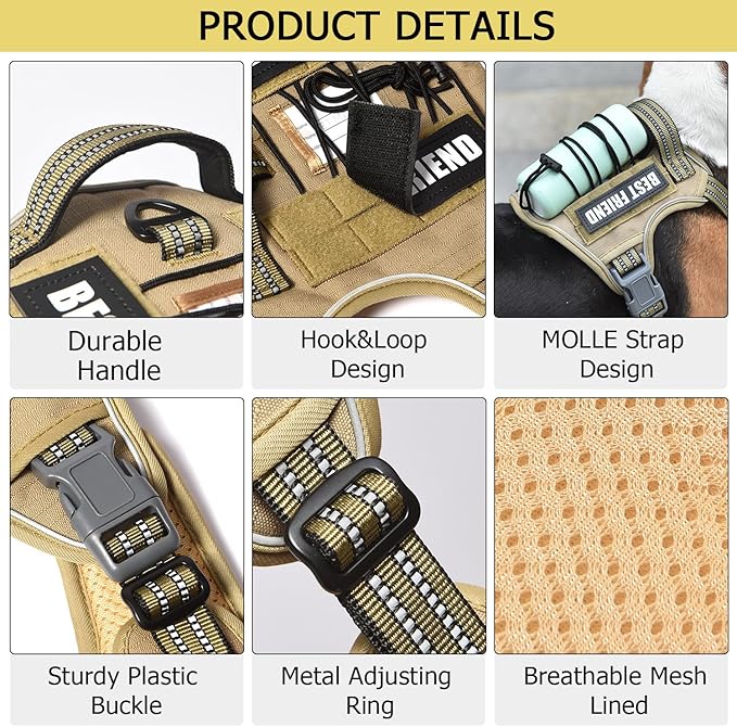 PET MARVEL Tactical Dog Harness for Small Size, No Pull Military Dog Vest with Easy Control Handle, Molle Hoop & Loop, Adjustable Reflective Reinforced Stich for Walking Training, Brown