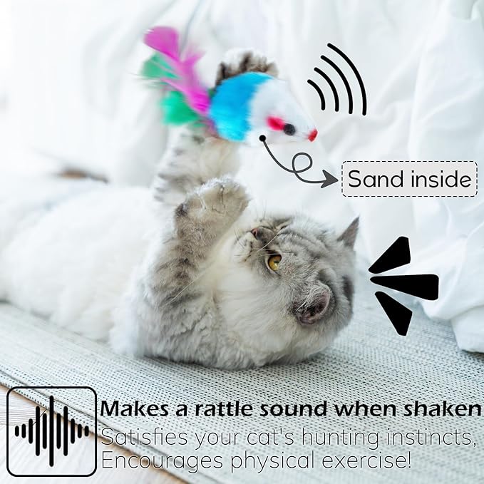 60 PCS Furry Cat Toys Squeak Mouse Rattle Mice Cat Catcher Pet Toys with Feather Tails (Random Color)