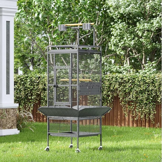 61 Inch Large Bird Cage Rolling Wrought Iron Parrot Cage with Play Top & Bowls for Mid-Sized Parrots Cockatiels Conures Parakeets Lovebirds Budgie Finch Dark Grey
