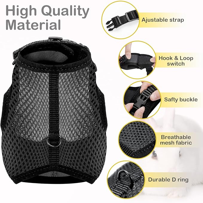 PETTOM Bunny Rabbit Harness with Stretchy Leash Cute Adjustable Buckle Breathable Mesh Vest for Kitten Small Pets Walking (Black,S)