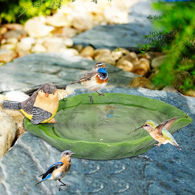 Bird Bath for Outdoor, Hanging Ground Birdbath Feeder Bowl with Bird Statue, Resin Leaves Birdfeeder Bath for Outside Garden Yard Patio Decor (Leaves)