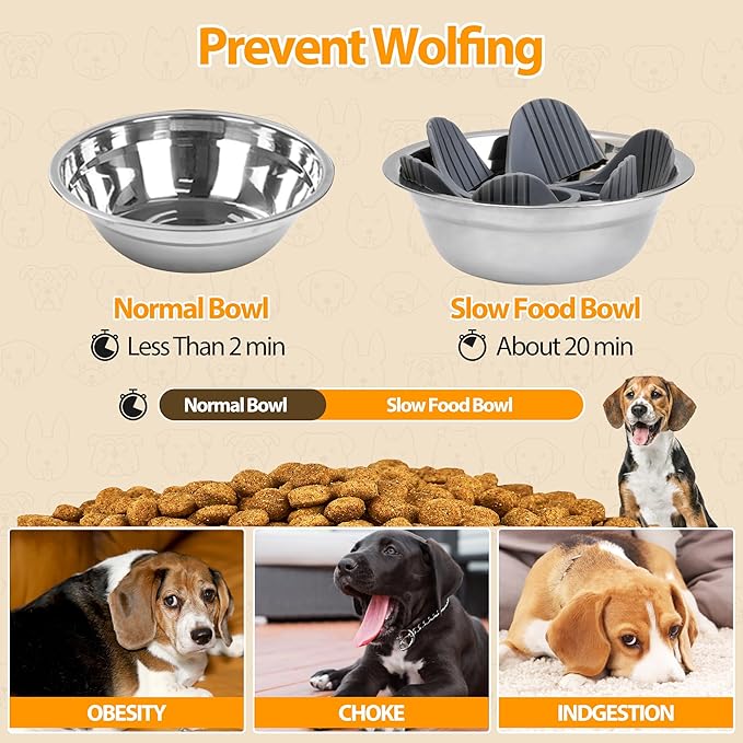 Elevated Dog Bowls,Cat Bowls,9 Height Adjustable Raised Dog Bowl Stand for Small & Medium Pet with 2 Stainless Steel Dishes and Slow Feeder,Bamboo Pet Food Bowl with Non-Slip Feet