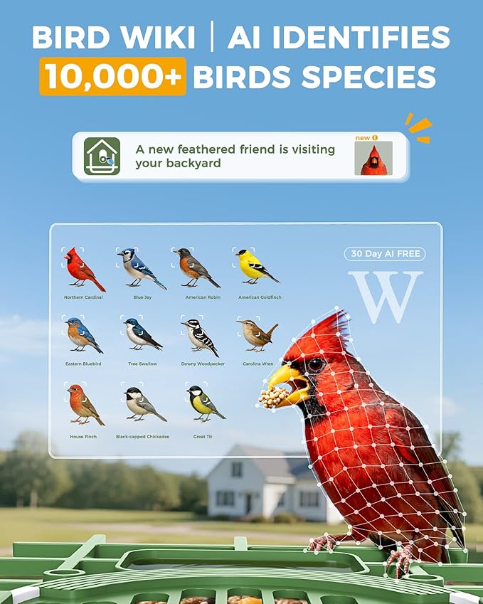Bird Feeder with Camera, 10000 AI Smart Bird Feeders Solar Powered, 2.4G WiFi, 2K HD and Instant Alerts, Outdoors Squirrel Proof Birds Feeder, Ideal for Parents, Lovers(Green)