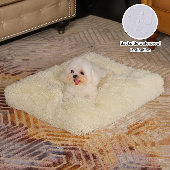 Bedfolks Waterproof Dog Crate Pad, Plush Dog Kennel Bed with Removable Cover, Faux Fur, Washable, 17"x12", Cream