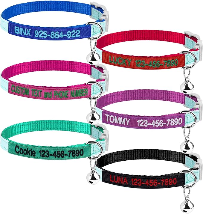 Personalized Nylon Cat Collar Breakaway with Bell, Custom Glow in The Dark ID Collar with Embroidered Name and Phone Number (Glow in The Dark)