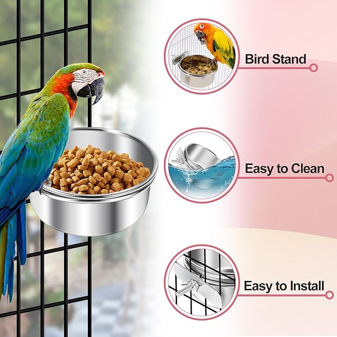 ToLanbbt 8 Pcs Stainless Steel Bird Food Bowls Bird Water Bowls with Clamp Holder, Parrot Feeding Dish Cups Parrot Cage Coop Feeders for Cockatiel Conure Budgie Parakeet Macaw Lovebird Small Animal, S
