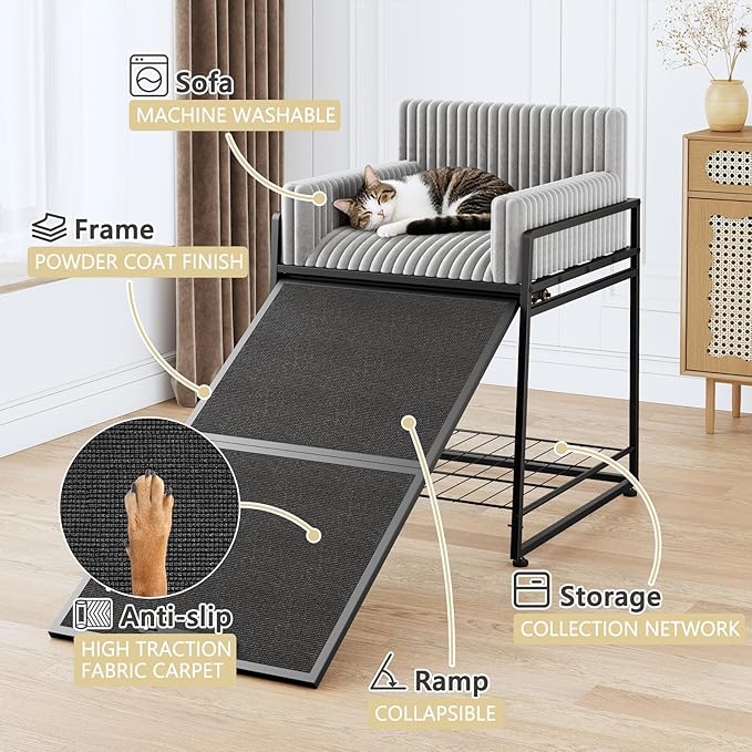 Pet Stairs Ramp with Seat,Dog Window Perch with Stairs and Storage,Dog Seat with Ramp Steps,Folding Pet Ramp for Dogs Cats,Bunk Bed Chair with Sofa Cushion for Bed Couch Office,Hold Up to 110 lbs