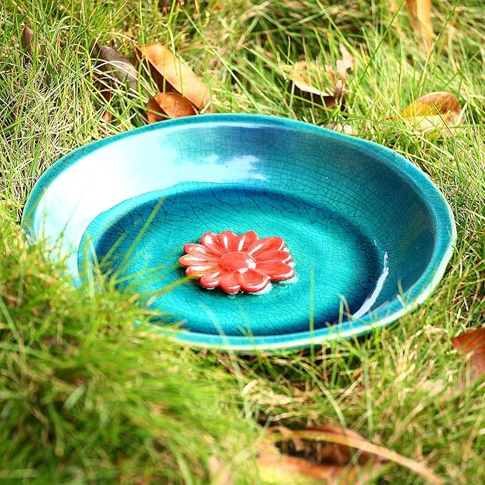 Ceramic Bird Bath for Outside, Bird Bath Bowl with Vintage Decoration for Garden & Patio, Ground, Deck, Balcony Yard Lawn Decor Blue Bird Drinker Plate - Red Flower, 12.25"
