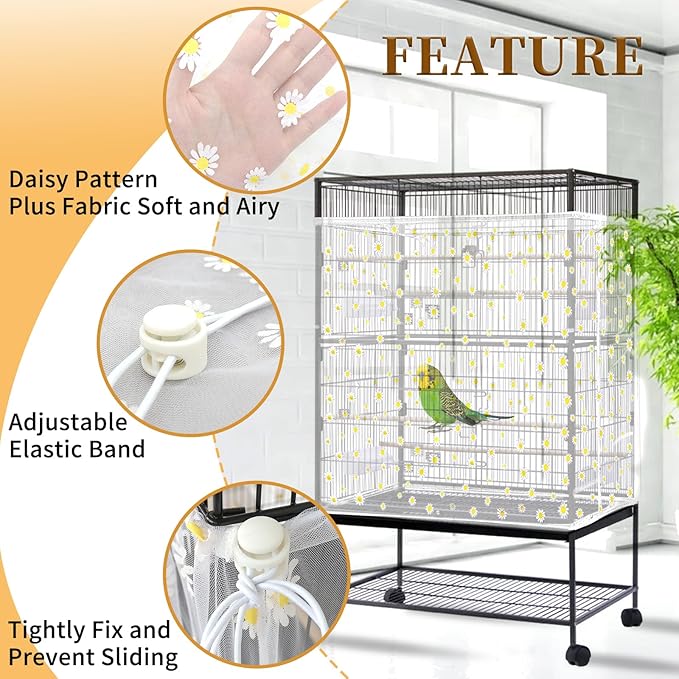 Daoeny Bird Cage Seed Catcher, Large Bird Cage Cover, Adjustable Soft Airy Nylon Mesh Net, Birdcage Cover Skirt Seed Guard for Parrot Parakeet Macaw African Round Square Cages (White, Daisy Design)