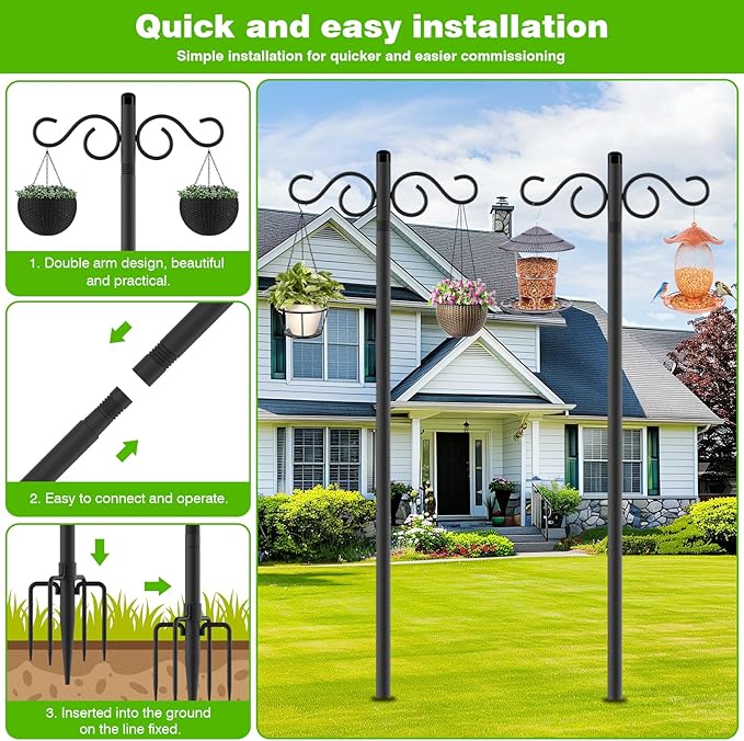 Double Shepherds Hooks for Outdoor,2 Pack 55 Inch Bird Feeder Pole with 5 Prongs Base,Heavy Duty Shepherds Hook,Suitable for Garden in Hanging Flower Basket,Lantern,Bird Nests (2 Pack 55 inch)