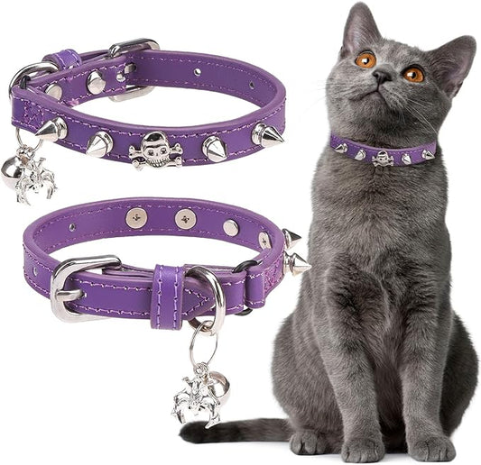EXPAWLORER Leather Cat Collar for Girl Boy- Adjustable Pet Collar with Safety Elastic Belt,Personalized Punk Accessories Buckle Collars with Bell & Durable D-Ring, Rivet(Purple)