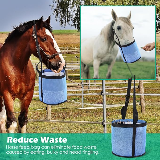 2 Pcs Horses Feed Horse Bag for Grain Hay Bags Heavy Duty Mesh Horse Feeder with Adjustable Strap Comfort Neck Pad Nose Pad and Waterproof Bottom Muzzle(Blue)