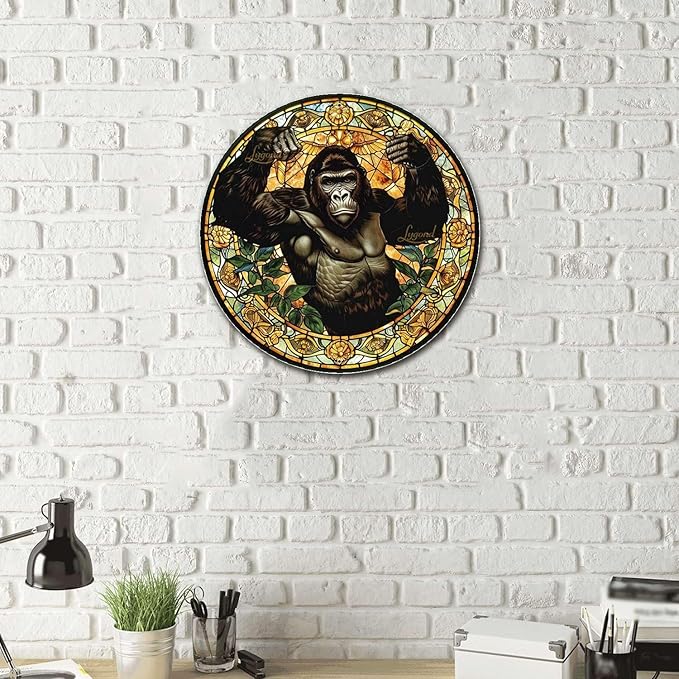 Lygond Metal Sign Tin Sign Circular Stained Glass Gorilla Sign For Garden For Pet 8×8 Inches