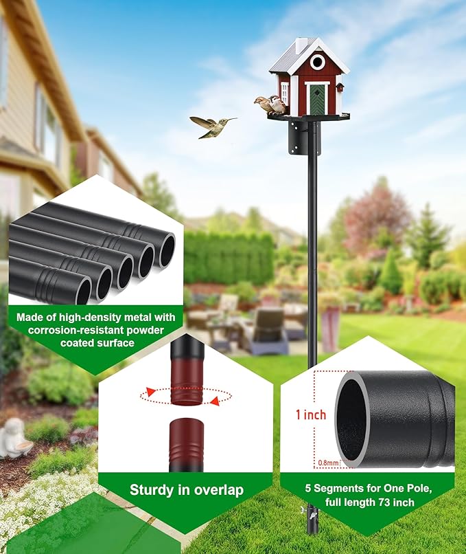 Bird House Pole, 73” Tall Bird Feeder Pole for Outside Heavy Duty, Adjustable Birds Feeder Stand, Birdhouse Poles for Bluebird, Hummingbird