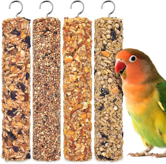 KATUMO Parrot Treats 4 PCS Bird Crunch Sticks Cockatiel Treats Parakeet Snacks Conure Food Sticks for Parakeet Cockatiel Canary Finch Lovebird Conure Lorikeet Parrots