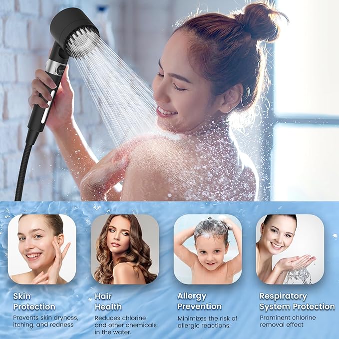 Filtered Shower Head with Handheld, High Pressure 3 Spray Mode Showerhead with 18 Stage Water Softener Filters for Hard Water - Remove Chlorine-BLACK