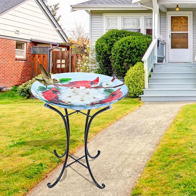 MUMTOP Outdoor Glass Birdbath with Metal Stand for Outside Yard Garden Decor, 18 inch Diameter Red Caridnals Bird Baths Bowl for Outdoors, 21.65 inch Height
