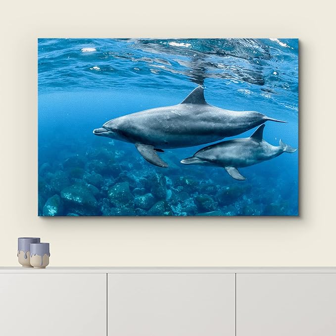 wall26 Canvas Print Wall Art Tropical Ocean Sea Underwater Dolphin Duo Nature Animals Photography Realism Rustic Scenic Landscape Wilderness Earth Colorful for Living Room, Bedroom, Office - 16"x24"