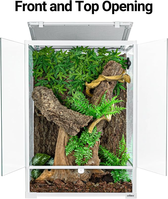 OiiBO 67 Gallon Reptile Tall Terrarium, Vertical Reptile Tank 24" x 18" x 36" Full Tempered Glass Double Front Opening Door with Top Mesh Lid, Reptiles Amphibians Habitat Enclosure (Knock-Down)