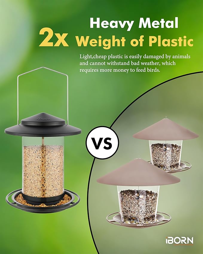 iBorn Metal Bird Feeders for Outdoors Hanging,Wild Bird Feeders for Cardinal,18cm Large Roof&Tray Black 6 Port (Seed is not Included)