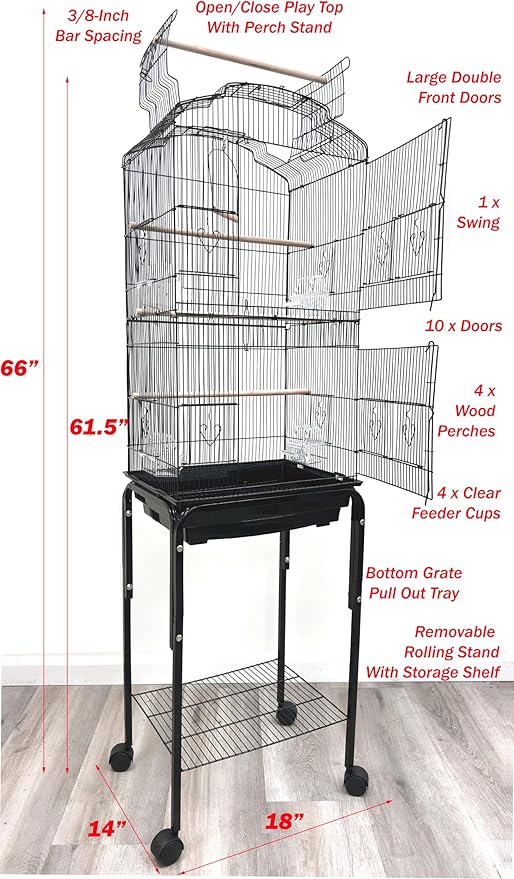 65-Inch Large Flight Bird Cage with Toys and 10-Step Play Ladder for Cockatiel Parakeet Finch Budgie Lovebird Canary Finch Pet Bird Cage with Rolling Removable Rolling Stand