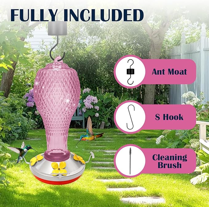 Hummingbird Feeder for Outdoors,17 OZ Glass Humming Bird Feeder for Garden,Backyard Decor,Four Flowers Feeding Ports,Leak Proof,Ant Moat Included,Humming Gifts for Women
