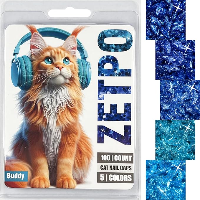 zetpo 100 pcs Cat Nail Caps | Cat Claw Covers | with Adhesives and Applicators (M, 5X Blue Glitter Shades)