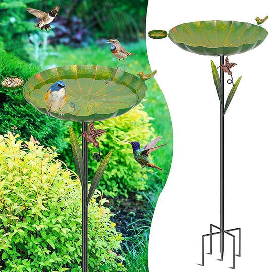 Metal Bird Bath for Outside, Detachable Birdbath Sturdy 5-Prong Stake Base with Bowl & Decorative Birds, Durable Iron Garden Birdbath Feeder for Outdoor Garden Yard Patio Decor(Retro Green)