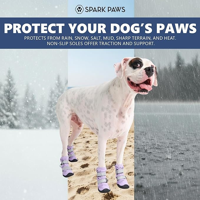 Spark Paws Dog Shoes, Waterproof Dog Boots for Medium to Large Dogs, Non Slip, Breathable Dog Booties and Paw Protectors - 4PCS Doggie Hiking Boots with Reflective Straps - Lilac, Size 3