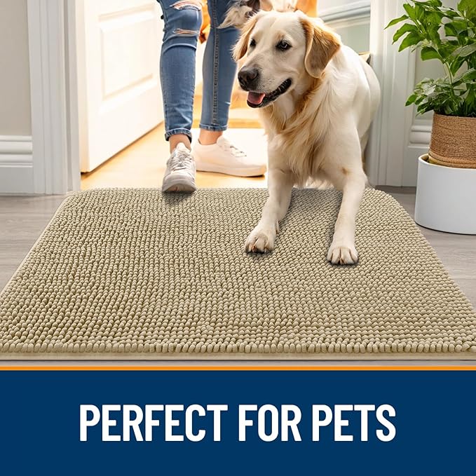 OLANLY Dog Door Mat for Muddy Paws 70x46, Absorbs Moisture and Dirt, Absorbent Non-Slip Washable Doormat, Quick Dry Chenille Mud Mat for Dogs, Entry Indoor Entryway Carpet for Inside Floor, Beige