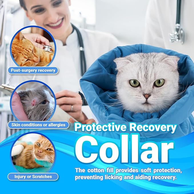 Cat Recovery Collar, Soft Adjustable Cone for Cats and Kittens, Lightweight Waterproof Elizabethan Collar for After-Surgery Care, Prevent Licking and Scratching, Neck Protector for Pets（Lake Blue,M）