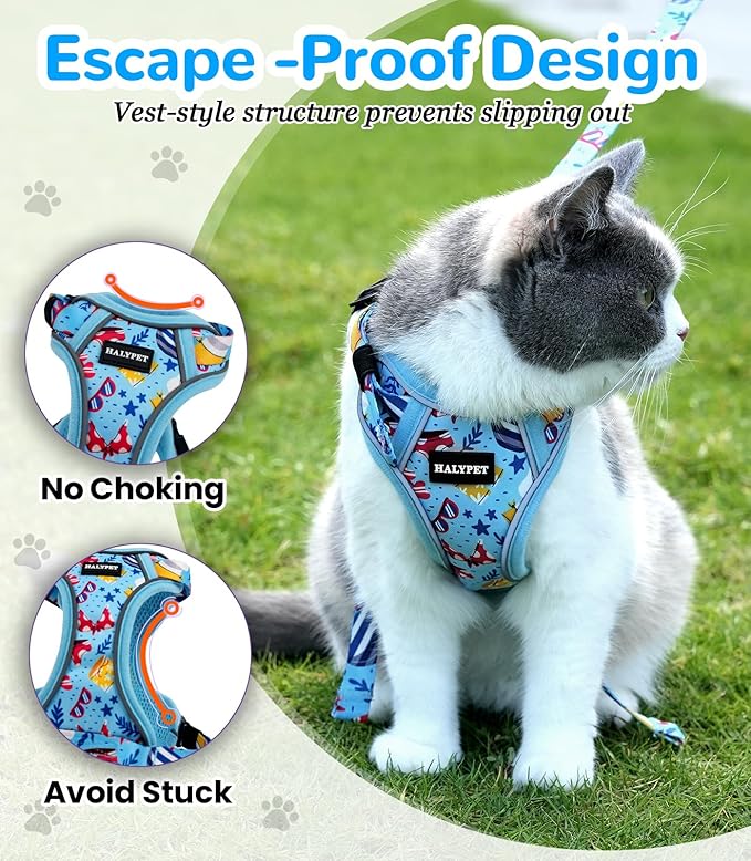 Halypet Cat Harness and Leash Set for Walking, Escape Proof Adjustable Vest Harness with 3-in-1 Integrated Buckles, Easy Control Soft Breathable Mesh with Reflective Strips for Cats, S, Azure Blue