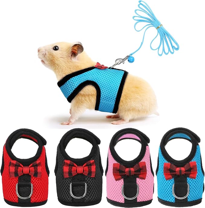4 Pieces Guinea Pig Harness and Leash Soft Mesh Small Pet Harness with Bowknot Bell, No Pulling Comfort Padded Vest for Guinea Pigs, Ferret, Chinchilla, Bunny, Rats, Iguana, Hamster