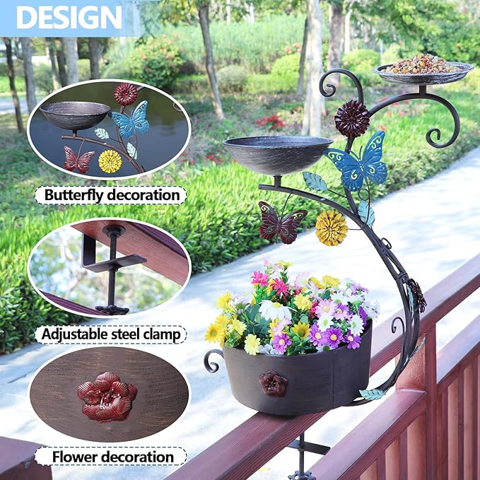 Deck Bird Bath, Bird Bath and Bird Feeder, Flower Planting Pedestal, Deck Mounted Bird Bath, for Garden Balcony Patio Deck Railing Decoration