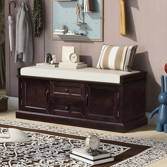 Storage Bench with 2 Drawers and 2 Cabinets, Pine Wood Pine Wood Shoe Bench with Removable Cushion for Living Room, Entryway 42.5" L x 15.9" W x 17.5" H (Espresso)