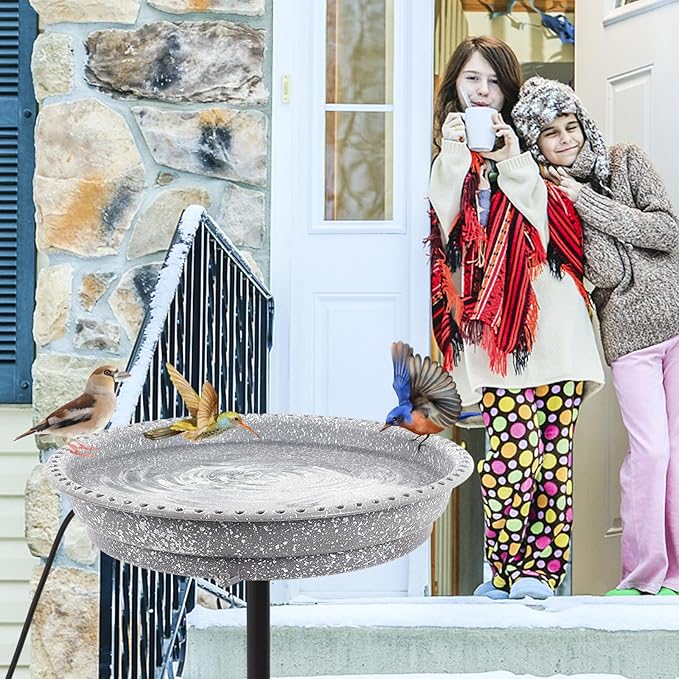 Heated Bird Bath for Outdoors for Winter, 75W Bird Bath Water Heater Bird Bath Deicer,Deep Bowl Thermostatic Control Weather Resistance Available with Stable Metal Pole for All Seasons(Grey)