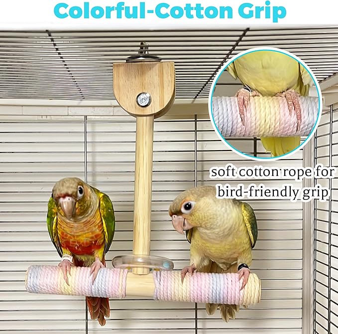 Bird Swing Toys with Rustling Sound, Colorful Cotton Rope Perch for Parrots' Soft Grip, Wooden Parakeet Swing Perch for Balance Training, Swaying Bird Cage Toys for Budgie Cockatiel Lovebird